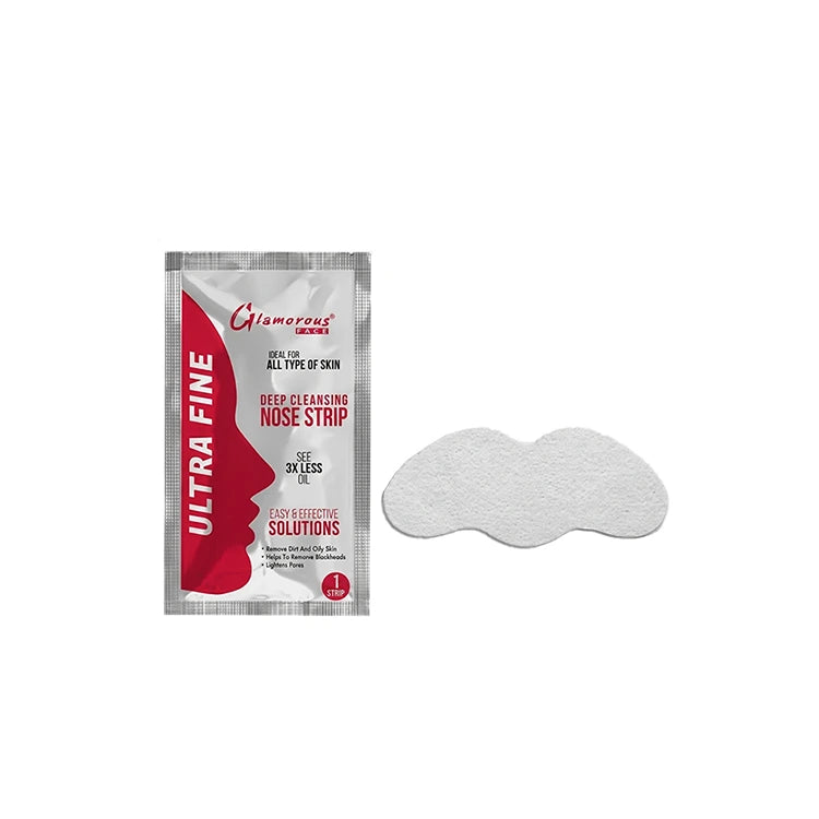 Glamorose Ultra Fine beer cleansing nose strip packaging with a sample strip on a white background