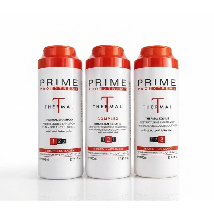 Three bottles of Prime Pro Extreme Thermal hair care products on a white background