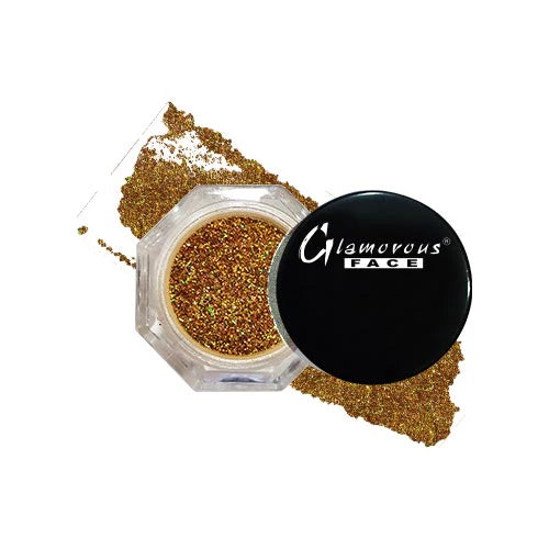 Glamorous Face glitter jar with gold glitter on a white background