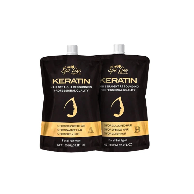 Two black and gold Keratin hair treatment pouches on a white background