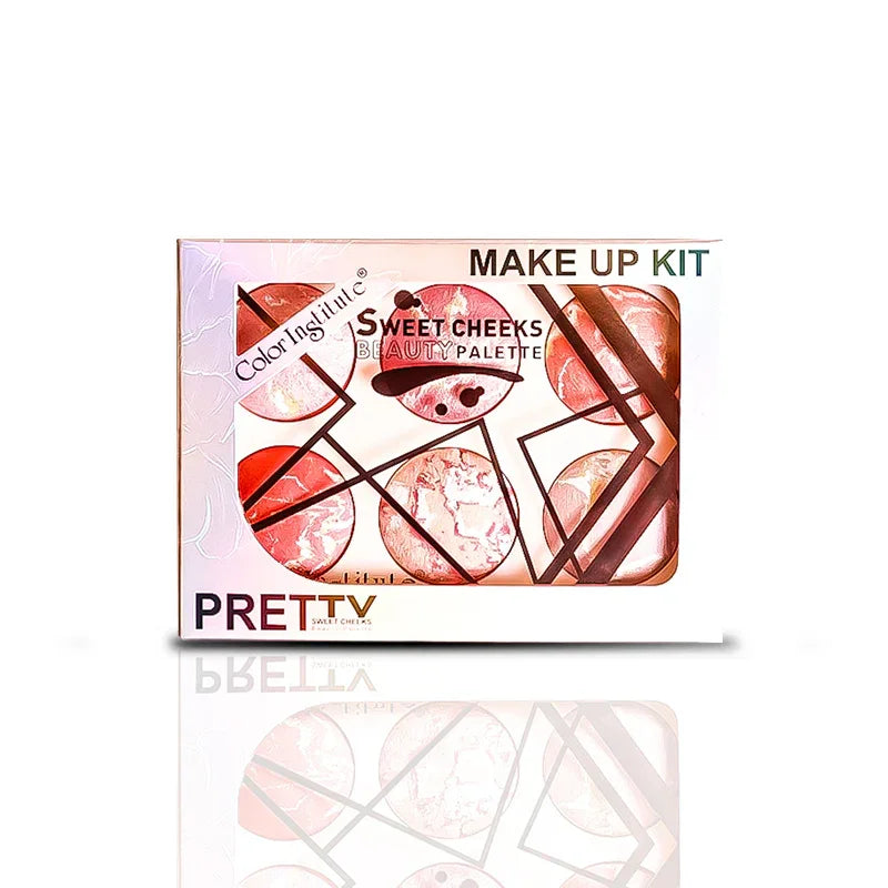 Makeup kit packaging with 'Sweet Cheeks' palette on a white background