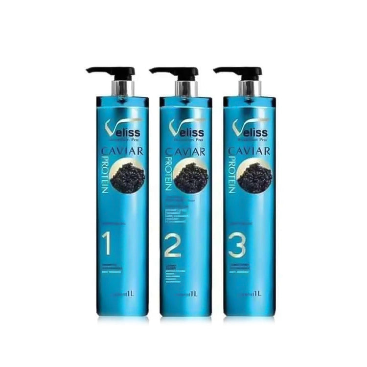 Three blue bottles labeled 'Veliss' with black caviar-like substance on a white background