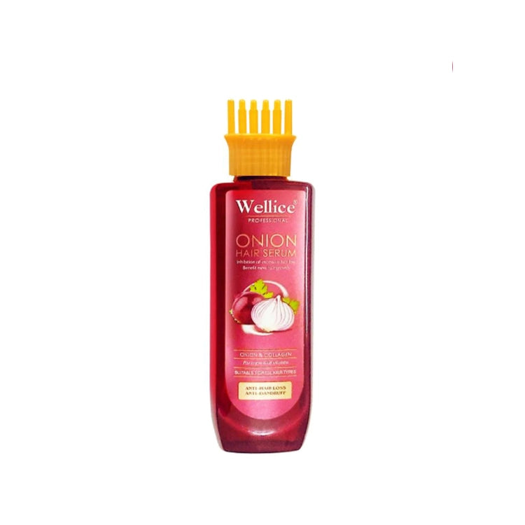 Wellace Onion Hair Serum bottle with yellow comb on a white background