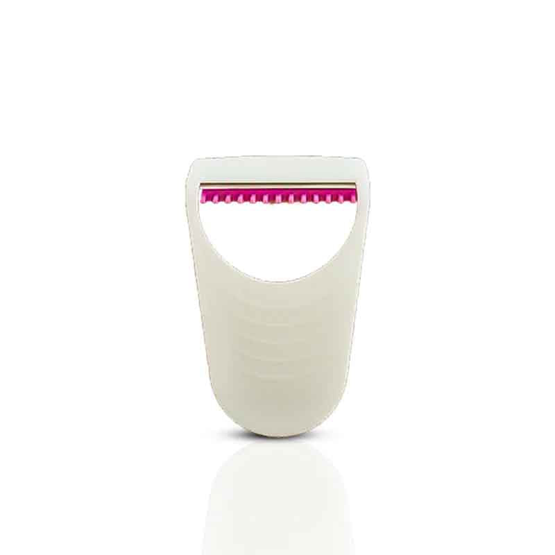 White kitchen peeler with pink blade on a white background