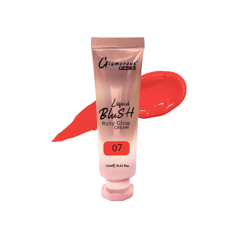 Pink liquid blush tube with a swatch on a white background
