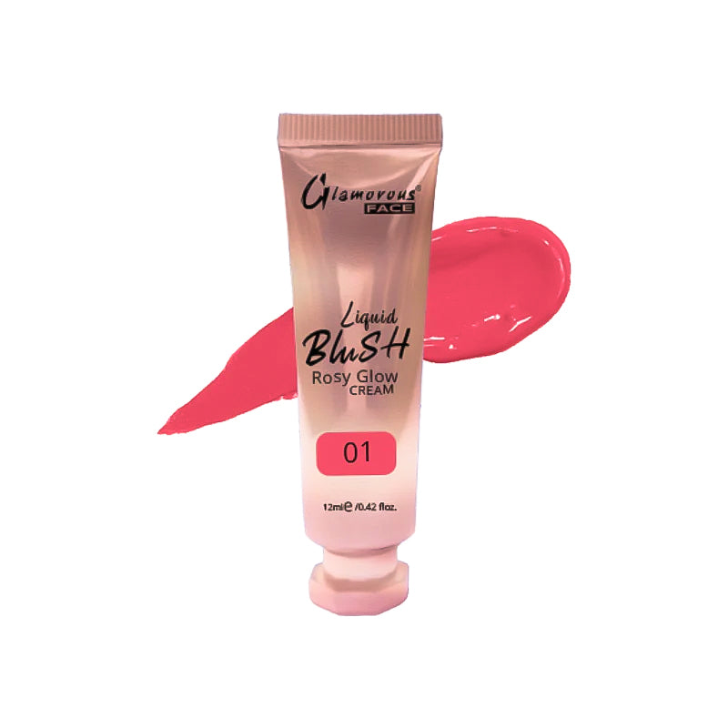 Pink liquid blush tube with a swatch on a white background