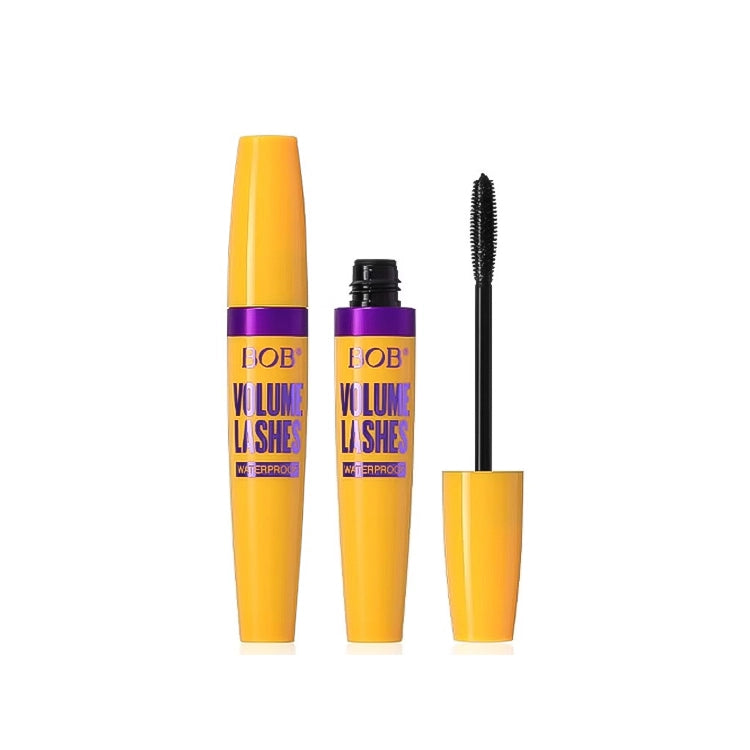 Yellow and purple mascara with black wand on a white background