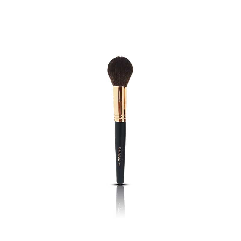 Makeup brush with black handle and gold accents on a white background