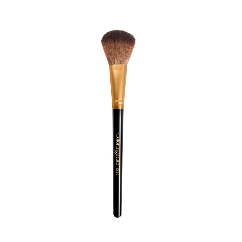 Makeup brush with black handle and gold ferrule on a white background