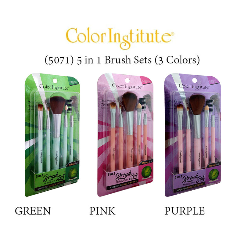 Three packages of Color Institute 5-in-1 brush sets in green, pink, and purple on a white background.
