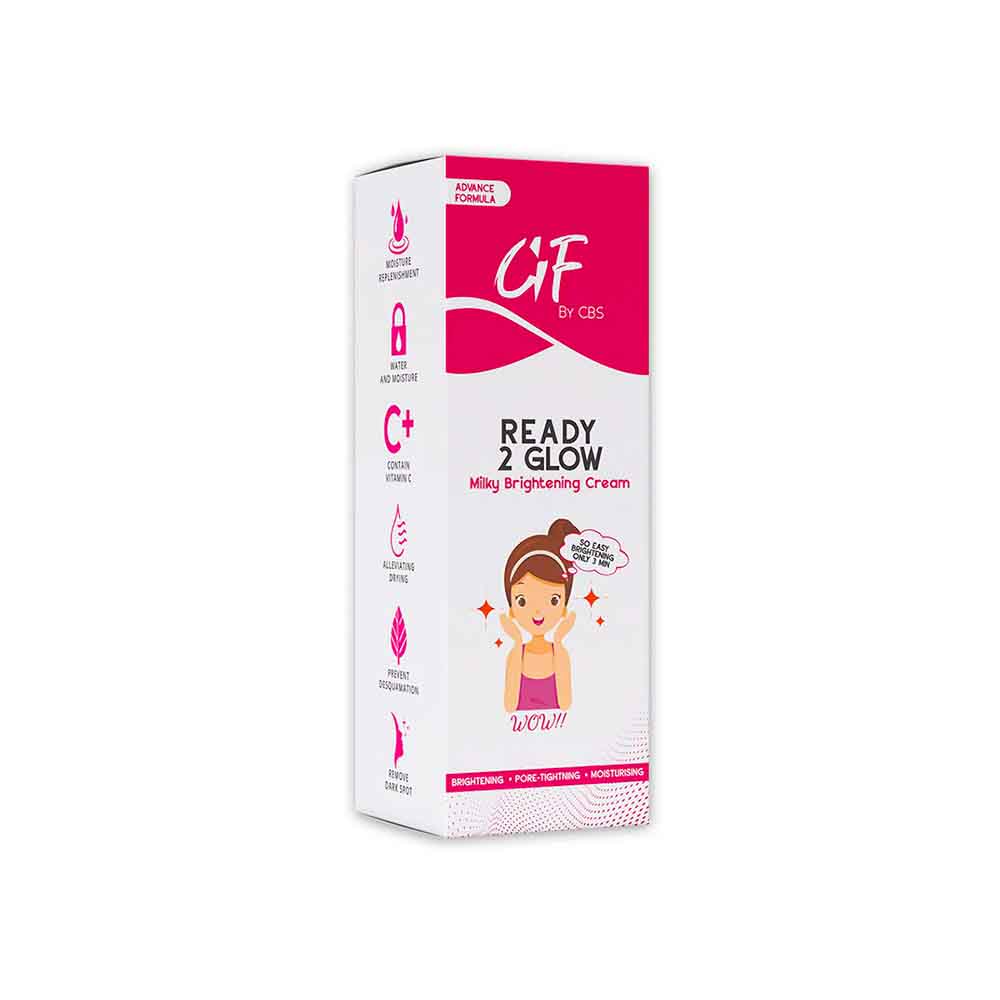 Box of 'GF by CBS Ready 2 Glow Milky Brightening Cream' on a white background