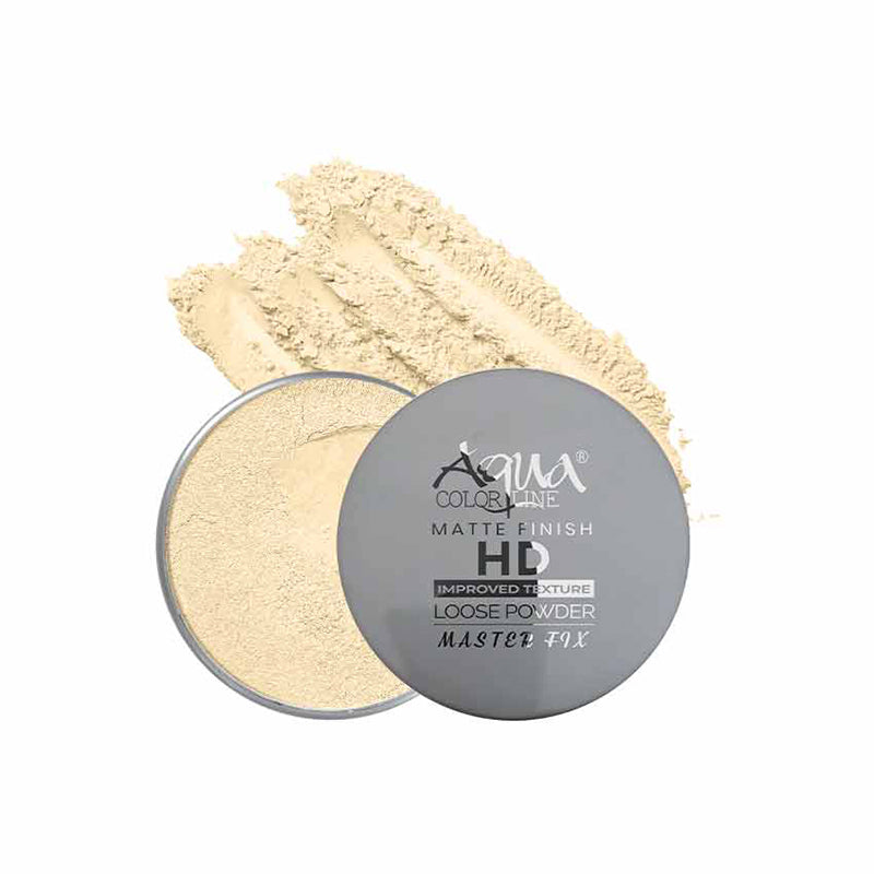 Loose powder with a gray lid labeled 'Aqua Color Line' on a white background