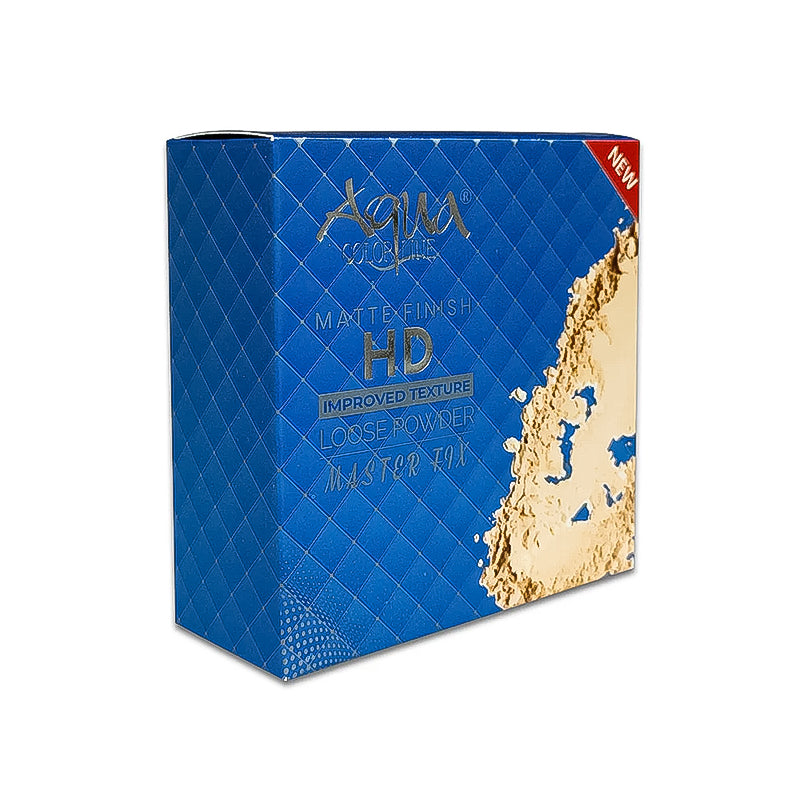 Blue box with gold powder and 'Aqua' branding on a white background