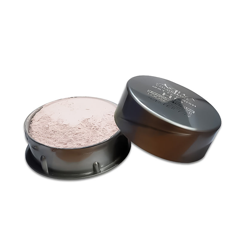 Open container of loose powder with visible brand name on a white background