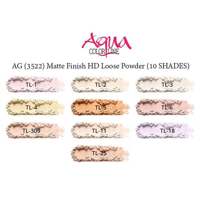 Display of AG (3522) Matte Finish HD Loose Powder in various shades with Aqua Color Line branding.
