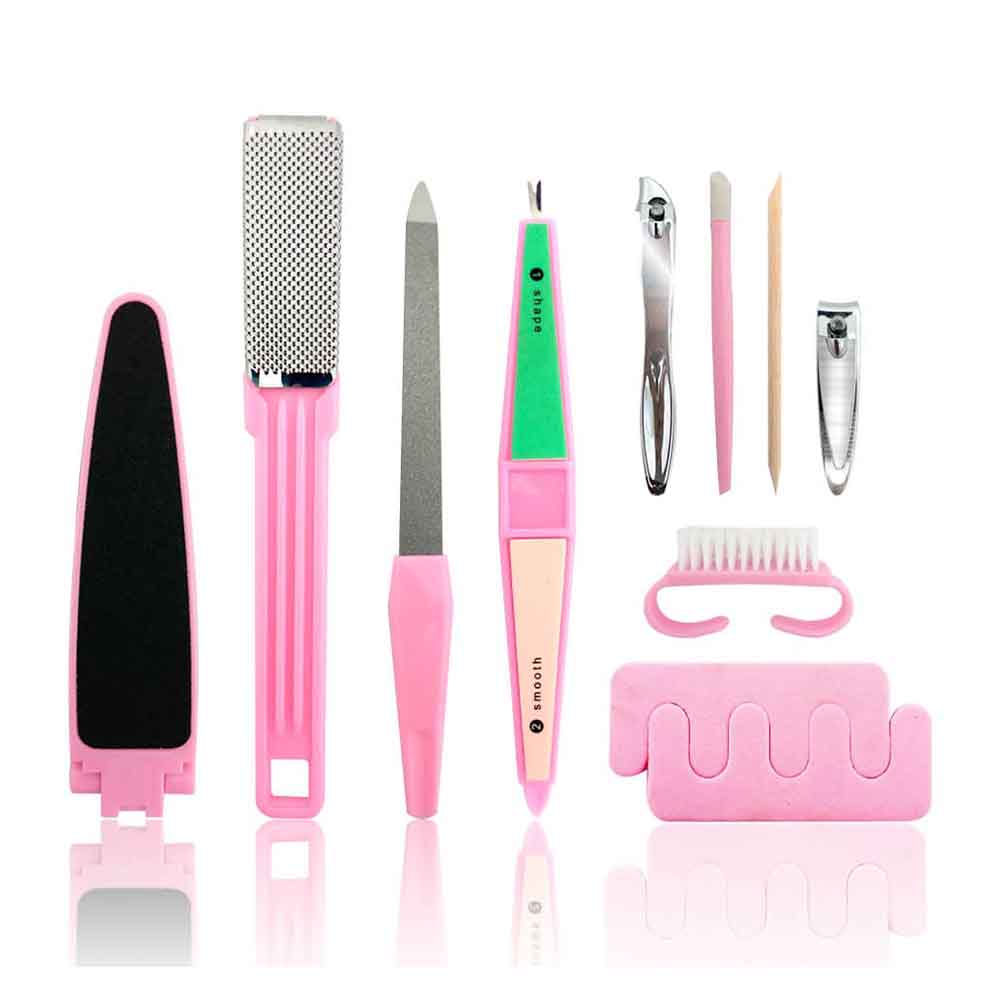 Set of nail care tools with pink and metallic handles on a white background