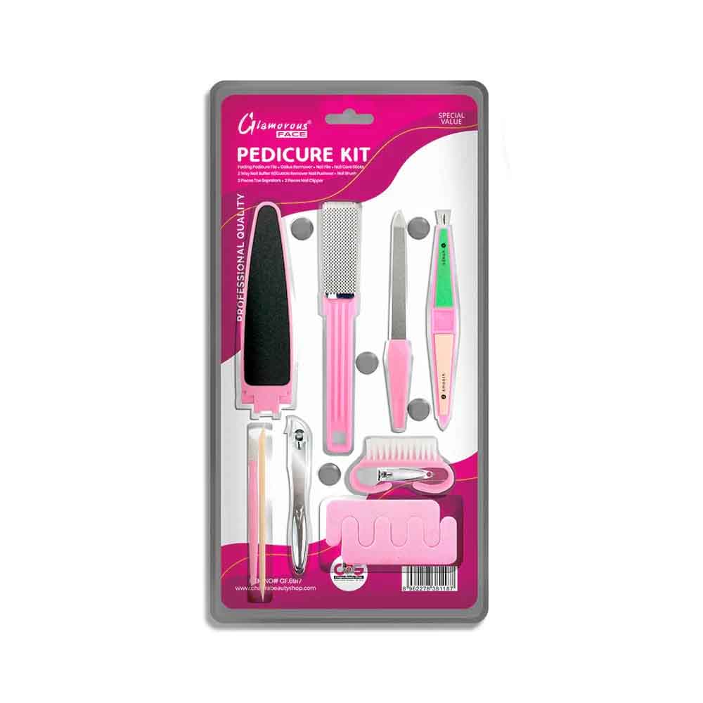 Glamorous Pedicure Kit packaging with various pedicure tools on a white background