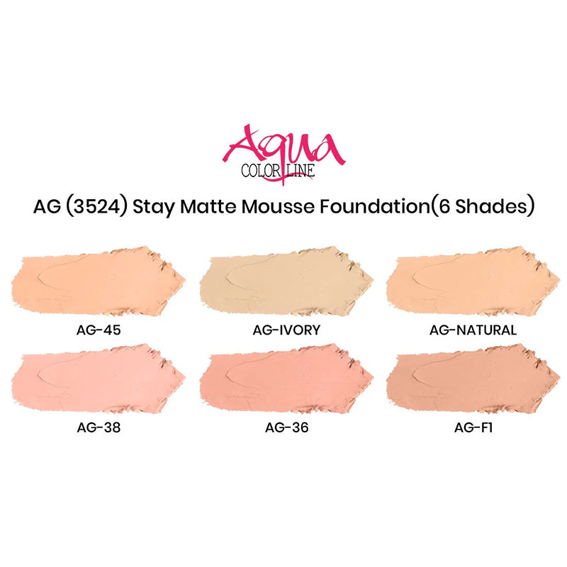 Aqua Color Line foundation swatches in various shades on a white background
