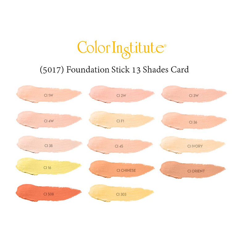Color Institute foundation stick shades card with various beige and yellow swatches on a white background.