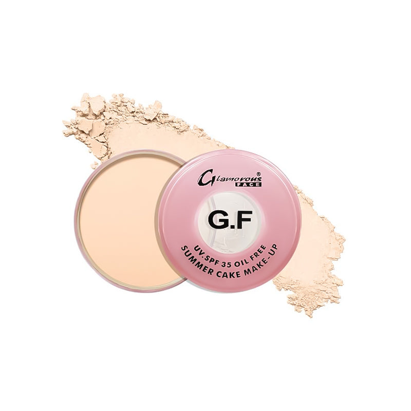 Makeup compact with 'Glamorous Face' branding on a white background