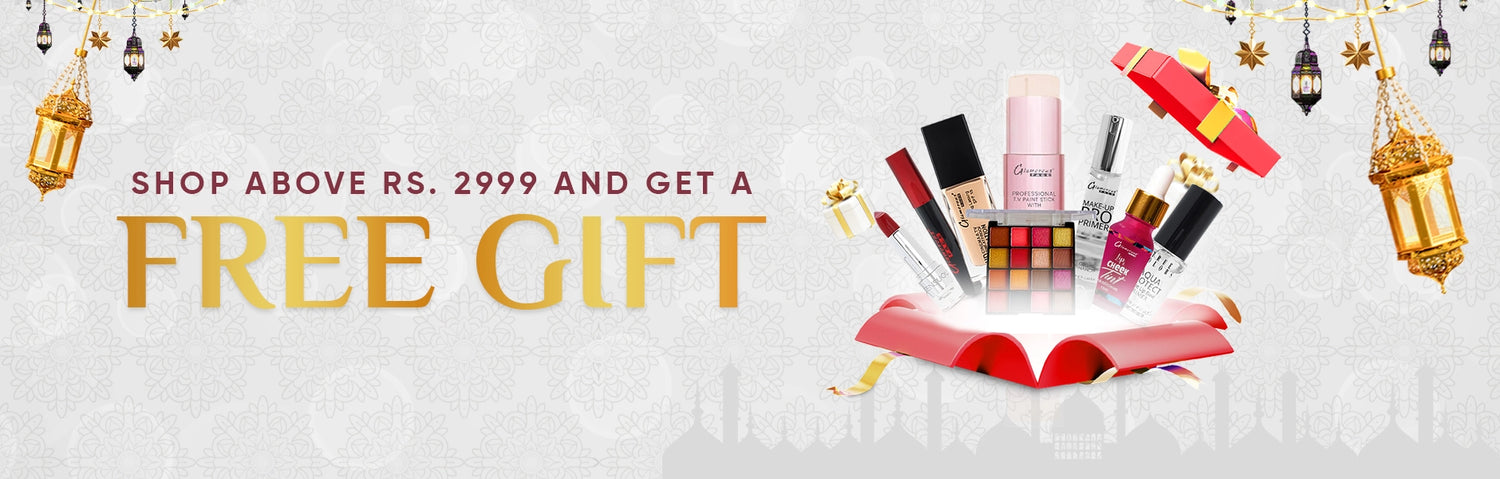 Promotional banner with cosmetic products and text offering a free gift with a minimum spend.