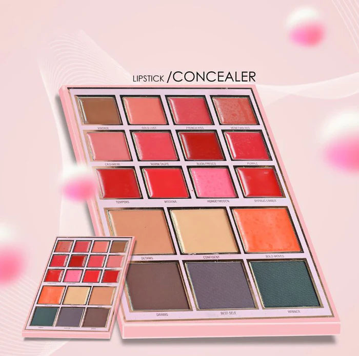 Makeup palette with various lipstick and concealer shades on a pink background