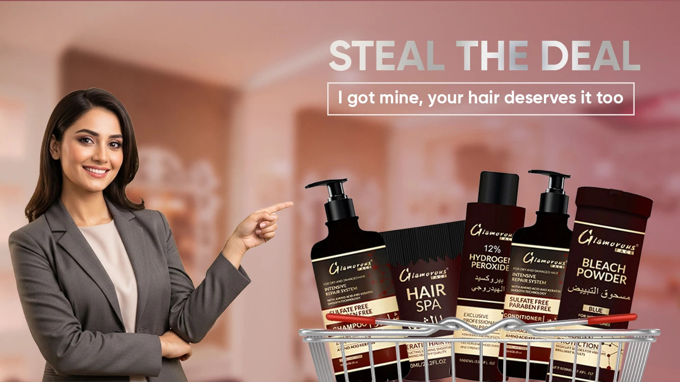 Woman pointing at hair care products with promotional text 'Steal the Deal' in the background.
