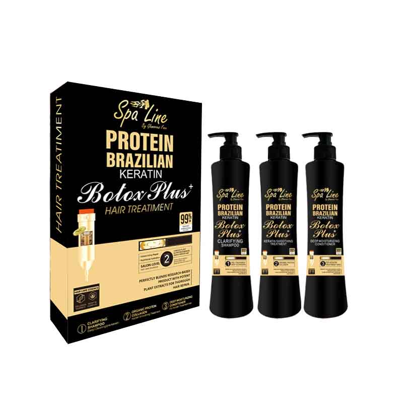 Spa Line Protein Brazilian Keratin Botox Plus hair treatment packaging and bottles on a white background