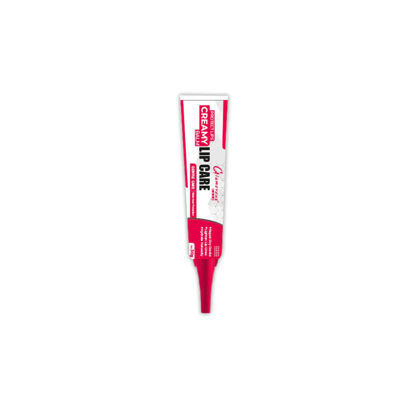 Tube of lip balm with red and white design on a white background