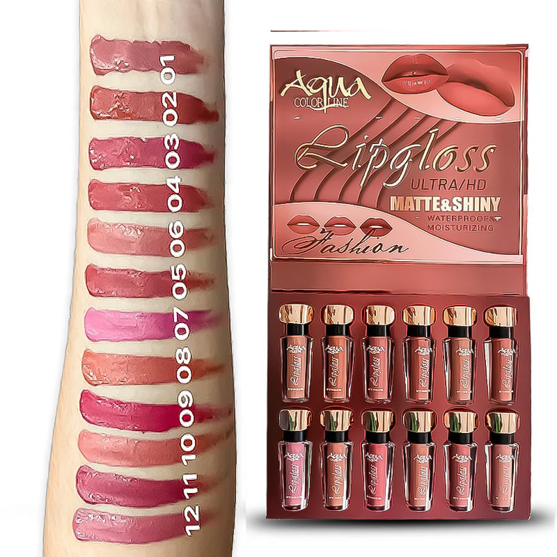 Set of lip glosses with swatches and packaging on a white background