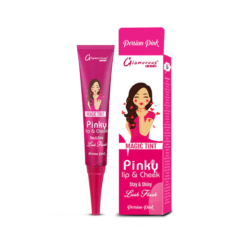 Pink lip and cheek tint with packaging on a white background