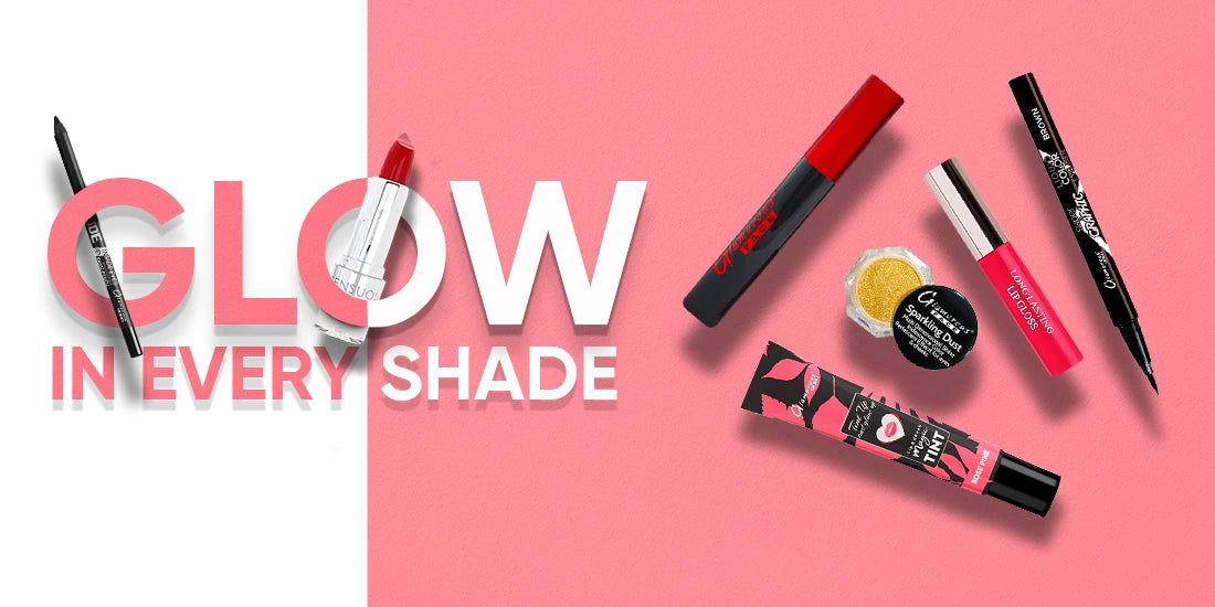 Makeup products with 'Glow in Every Shade' text on a pink background