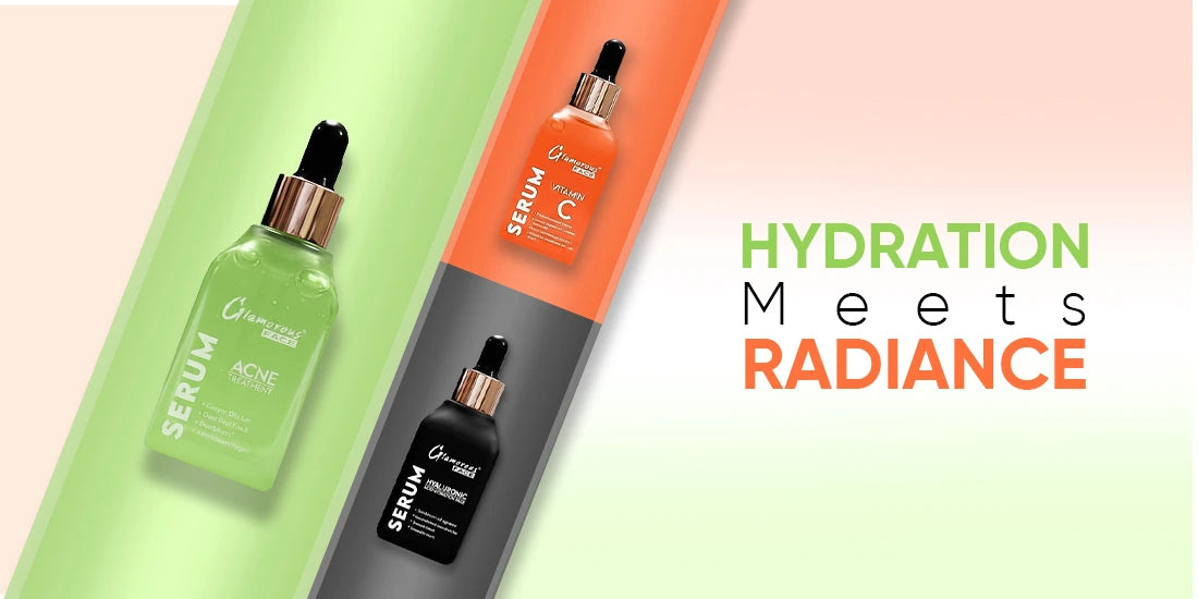 Three skincare serum bottles with a gradient background and text 'Hydration Meets Radiance'.